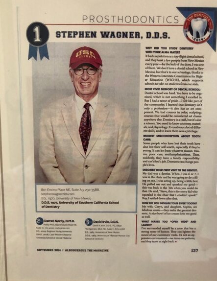 Albuquerque The Magazine's 2014 top dentists page for prosthodontics, listing Stephen Wagner first